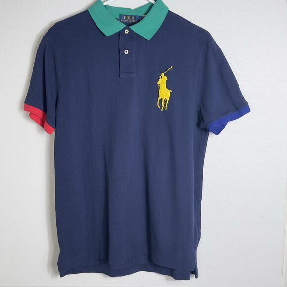 Polo Ralph Lauren Custom Slim Fit Polo Shirt Navy Multi Color Collar Logo Size L - Picture 2 of 9